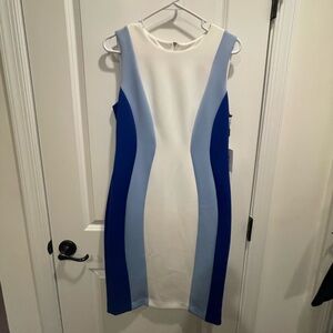 Calvin Klein White, Light Blue & Royal Blue Sleeveless Midi Dress